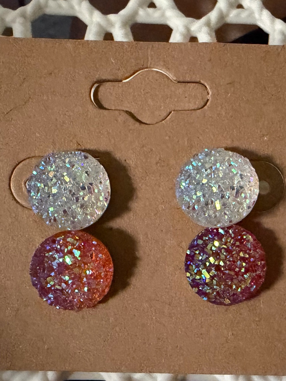 Sparkling Double Stud Earrings for Kids - White & Pink Glitter- hypoallergenic